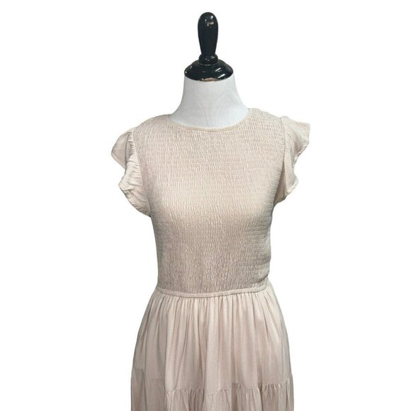 Zesica Women's S Small Peasant Midi Dress Smocked Cap Sleeves  Boho Beige - Picture 2 of 8